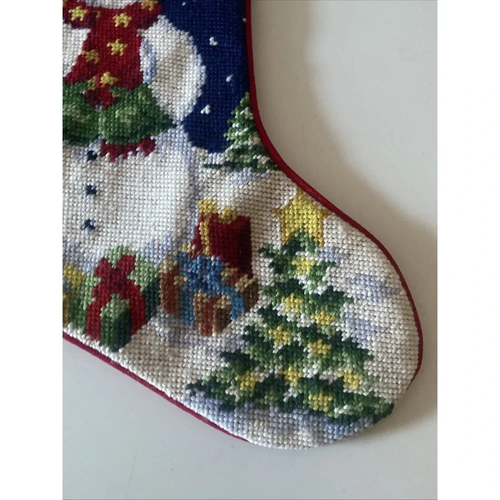 Christmas Snowman Lot of 2 Stockings Wool Needlepoint By Hand Red Velvet